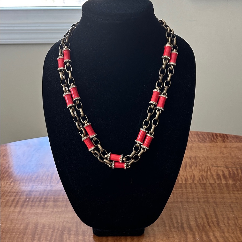 JCREW Elegant Red and Gold Chain Necklace